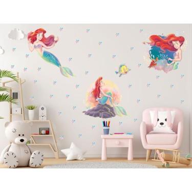 Imagem de Adesivo De Parede Pequena Sereia Ariel Aquarela Flores Decoração Minim