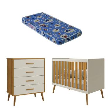 Imagem de Kit Berço Americano Infantil Isis MDF com Colchão Espuma Bege com Cômoda Gaveteiro