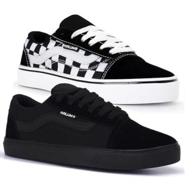 Imagem de Kit 2 Pares Tenis Feminino Casual Kalum Old School Tradicional Unissex Sola Reta (PRETO + XADREZ, BR, Adulto, Numérico, 35)