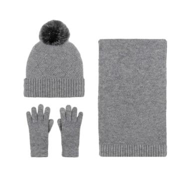 Imagem de Chapéu pompom de malha resistente ao frio 3 em 1 feminino, masculino, cachecol de pelúcia, cachecol de lã, cor sólida, conjunto de luvas cinza9