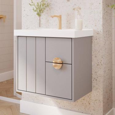 Imagem de Gabinete para Banheiro 60cm com 1 Porta 2 Gavetas e Cuba de Sobrepor Decor Platina