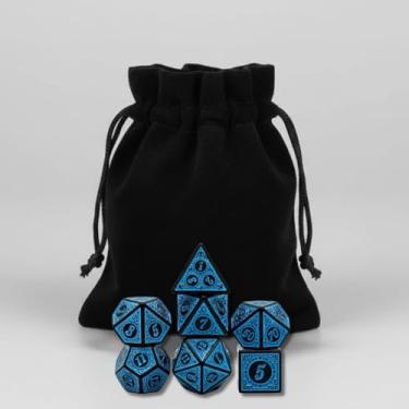 Imagem de Kit 7 Dados Rpg Azul Runas D&d Boardgames Jogos de Mesa D4 D6 D8 D10 D10% D12 D20 + Bolsa de Veludo