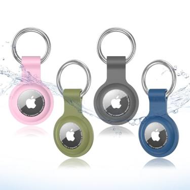 Imagem de Pacote com 4 porta-chaves para AirTag, capa protetora de silicone à prova d'água e à prova de choque com chaveiro, ideal para animais de estimação, chaves, bagagem e bolsas - 4 cores
