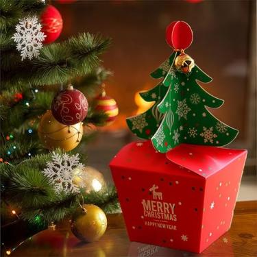 Imagem de 2 caixas 3D para árvore de Natal – Mini caixas de presente com sinos para doces, enfeites e lembrancinhas de festa, decoração e embrulho de férias, vermelho