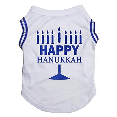 Imagem de Petitebella Camiseta canina Happy Hanukkah candelabro (branca/bandeira, GG)