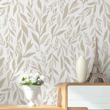 Imagem de Safiyya Papel de parede Peel and Stick Boho Modern Beige Leaf 500.4 cm x 43.9 cm Papel de parede de contato papel de parede autoadesivo removível para quarto banheiro rolo de vinil