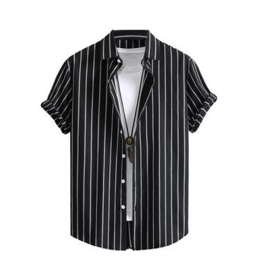 Imagem de Camisa masculina COZYEASE de manga curta com botões e listrada preta
