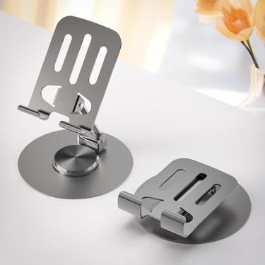 Imagem de Suporte para Celular e Tablet em Alumínio, Base Giratória 360°, Dobrável, Compatível com Dispositivos 4-14 Polegadas, Prateado, 9x8x5.5cm