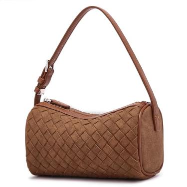 Imagem de Sumrains Mini bolsa de tecido para mulheres: bolsa de ombro de camurça de couro vegano - bolsa pequena barril pequena bolsa transversal, Marrom pequeno A1, Small, Bolsa de couro trançado
