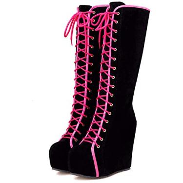 Imagem de Aobaoya Botas femininas de cano alto, plataforma, bico redondo, cadarço, salto alto oculto, bota de salto alto, rosa, 6