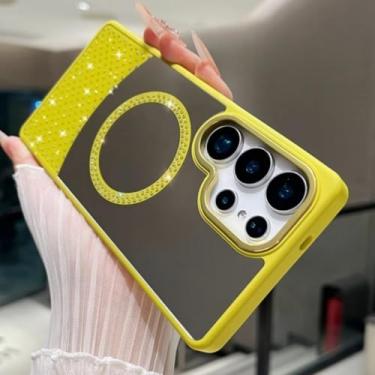Imagem de Capa magnética espelhada com diamantes coloridos e estilosa para Samsung Galaxy S25 S24 S23 S22 S21 Ultra Plus S24fe A55 A35 A25 A15 (para Galaxy S23+/Amarelo)