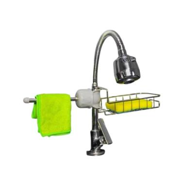 Imagem de Suporte de Torneira Multiuso em Aço Inox, Organizador para Pia com Compartimento para Esponja e Sabão, Prateado com Cinza, 22,5 x 7,5 x 10,5 cm, para Cozinha e Banheiro