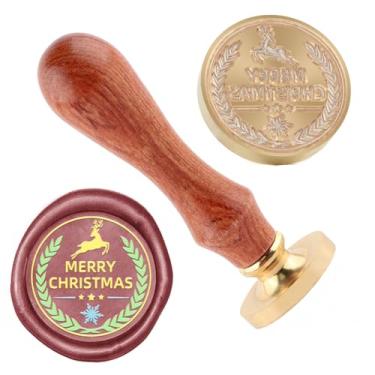 Imagem de Carimbo de lacre de cera de Natal Feliz Natal Carimbo de latão e uma alça de madeira carimbos cabeça para cartões de Natal, convites de festa, cartas, envelopes, cartões de felicitações, presentes