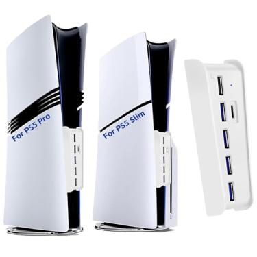 Imagem de Hub USB de 6 entradas para PS5 Pro/Slim, expansor de alta velocidade, 4 entradas USB-A 2.0 + 1 entrada de carregamento USB + 1 tipo C, para conectores frontais do PlayStation 5 Pro/Slim, branco