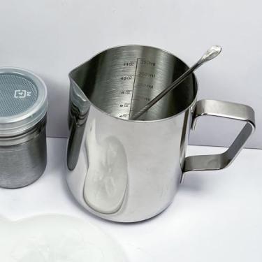 Imagem de Copo para espumador de leite | Jarra de aço inoxidável para cozinhar a vapor com caneta decorativa, 350 ml, pode ir à lava-louças, cappuccino, para café, cozinha, viagem, restaurante, casa