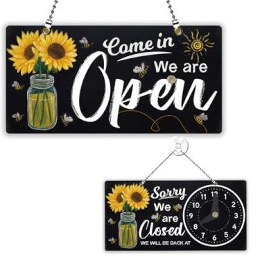 Imagem de PLIGREAT Placa de desenho de giz dupla face aberta fechada com relógio Come in We are Open Sorry We are Closed Signs for Business Retail Store Window Wall Decor Sinais de porta pendurada com corrente