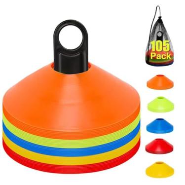 Imagem de Pacote com 105 cones de futebol de agilidade para treinamento, cones esportivos reutilizáveis para exercícios com bolsa de malha, cones de treinamento para treino de futebol, basquete - equipamento de