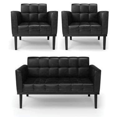 Imagem de Poltrona Sala Decorativa Kit 2 Elisa Industrial Preto Sintético Pu Nozes D03 - D'Rossi