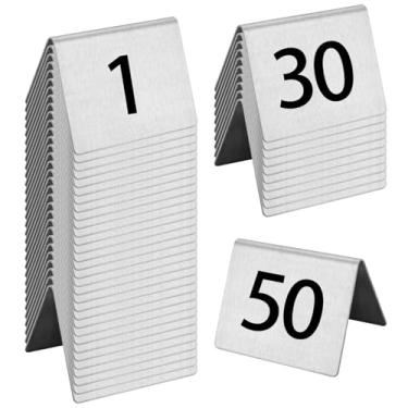 Imagem de 50 peças de suportes de números de mesa em aço inoxidável, placas numeradas pretas, base triangular para restaurantes, festas, casamentos e decoração de eventos, limpa e reutilizável