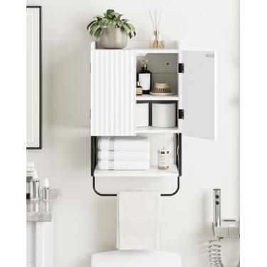 Imagem de Masupu Armário de parede de banheiro canelado, pequeno armário de banheiro suspenso com prateleira ajustável e portas de trava magnética, armários de parede de madeira para lavanderia, branco