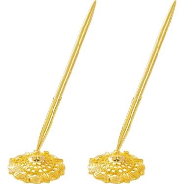 Imagem de Pluzmecalm Conjunto de 2 canetas douradas de assinatura de casamento de aço inoxidável com suporte de caneta de ouro redondo oco para noivado, casamento