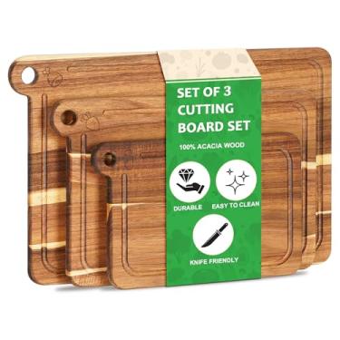 Imagem de Conjunto de 3 tábuas de corte, tábuas de corte de madeira de acácia para cozinha, tábua de cortar com sulcos profundos de suco e alça embutida, charcutaria e picar para carne, legumes e queijo