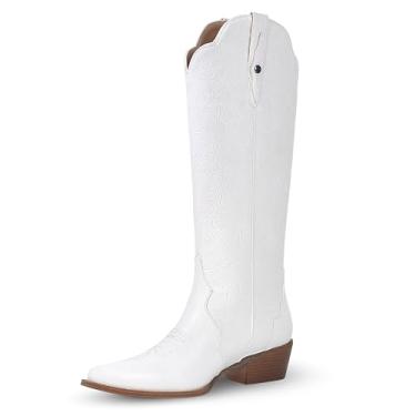 Imagem de LeunDen Botas de caubói femininas, vintage cano alto em relevo Western Cowgirl com bico fino, salto grosso, botas de outono de couro sintético sem cadarço para mulheres 2025, Branco, 36