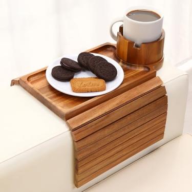 Imagem de SINWANT Bandeja de suporte de copo de sofá, de madeira de acácia, clipe de braço na bandeja com suporte de copo de rotação de 360°, mesa de apoio de braço de sofá antiderrapante dobrável para caneca