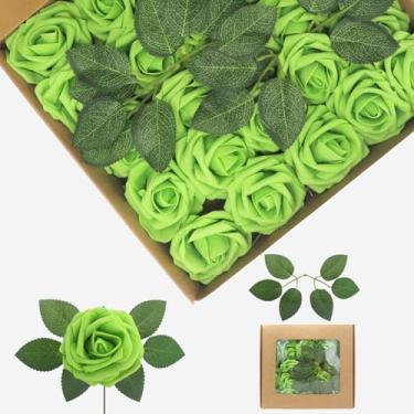 Imagem de YEHLIABO Flores artificiais de espuma de aparência real, conjunto de flores artificiais de rosa para casamento para buquês de casamento, decorações de arranjos de flores (verde maçã, 100)