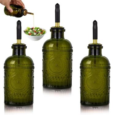 Imagem de Yiyiring Pacote com 3 dispensadores de azeite de oliva de 200 ml, garrafa de vidro verde-oliva com bico e tampa de metal, galheteiro elegante de óleo de cozinha e vinagre para cozinhar, salada, assar