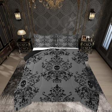 Imagem de Feelyou Conjunto de cama floral damasco macio para meninos e meninas, conjunto de edredom jacquard vintage, tamanho Queen, cinza, preto, edredom, microfibra, exótico, crânio de açúcar, decoração de