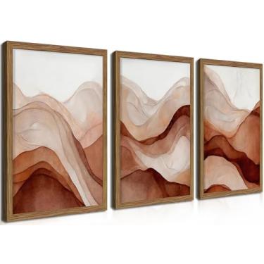 Imagem de raiqtols Conjunto de 3 arte de parede em tela aquarela de terracota abstrata – Decoração de parede moderna boho emoldurada, impressões de arte de parede de galeria neutra com moldura de madeira para