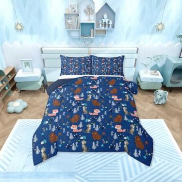 Imagem de Erosebridal Jogo de cama solteiro com desenho de urso azul, animais selvagens, raposa e gato, animais selvagens, animais selvagens, vida selvagem, botânico, 2 peças