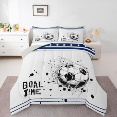 Imagem de Erosebridal Jogo de cama casal com gol de futebol americano, futebol americano, para crianças, adolescentes e adultos, jogo de bola esportiva, edredom listrado azul marinho e branco (Indianpolis)