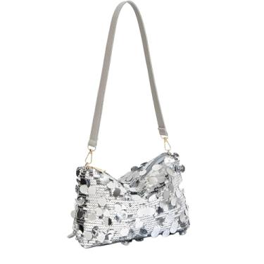 Imagem de Bolsa feminina de lantejoulas, bolsa de ombro brilhante, bolsa de compras de grande capacidade, bolsa de moedas combinando, bolsas clutch para festa, Prata, 24cm X 9cm X 15cm