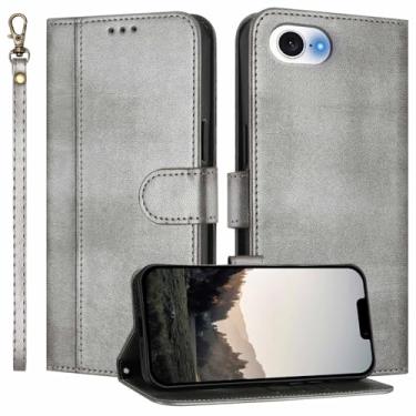 Imagem de JanCalm Capa carteira para iPhone 16e, compartimentos para dinheiro, alça de pulso, fecho magnético, proteção de couro PU, capa de design minimalista, capas flip com suporte para iPhone 16e (cinza)