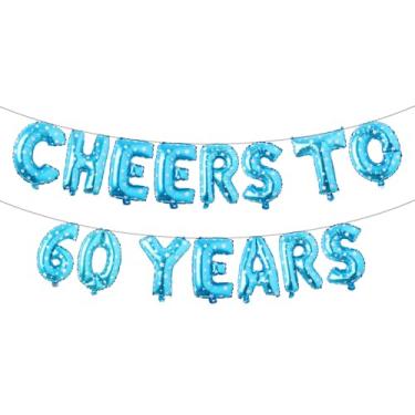 Imagem de Cheers to 60 Years Banner Foil 60º aniversário balão decorações de festa para ele/ela 60 anos decorações de aniversário suprimentos de festa de casamento para homens/mulheres (CHEERS TO 60 YEARS Blue