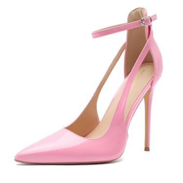 Imagem de HAOZHAOTOU Sapato unissex masculino feminino bico fino salto alto sexy salto agulha tira no tornozelo sapato vestido festa confortável, Patente rosa, 9.5 Women/8 Men