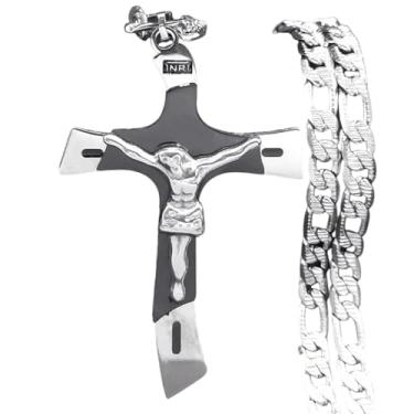 Imagem de BLiG Cruz INRI crucifixo Jesus colar masculino feminino aço inoxidável prata cor fria - colar de corrente elegante, ótimo presente para aniversário ou Natal