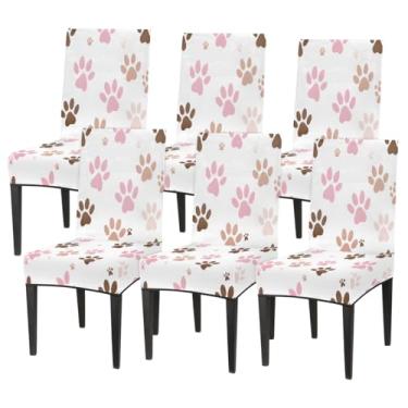 Imagem de hongjinglin Conjunto de 6 capas elásticas para cadeira de sala de jantar, capa protetora de assento de cadeira, estampa de pata, fofo, removível, lavável, para cozinha, casa, hotel, banquete, festa de