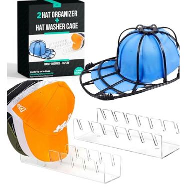 Imagem de IliBx Organizador de boné de beisebol + gaiola de lavagem de boné de beisebol | 2 suportes para chapéus/organizador de chapéus e 1 gaiola de arruela para seus lindos bonés | Armazenamento de chapéus e