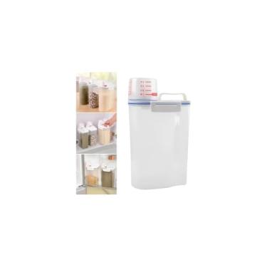 Imagem de Pote Hermético Multiuso com Dosador, 2kg, Transparente Branco e Azul, Plástico PP, Tampa Vedação Borracha, Copo Medidor Integrado, 29x15x8.5cm