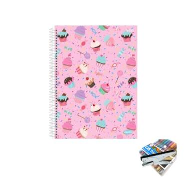 Imagem de Kit Caderno Feminino 10 Matérias Capa Dura 200 Folhas + Caneta Trigel Metálica 10 Cores + Grampeador Alicate HP45