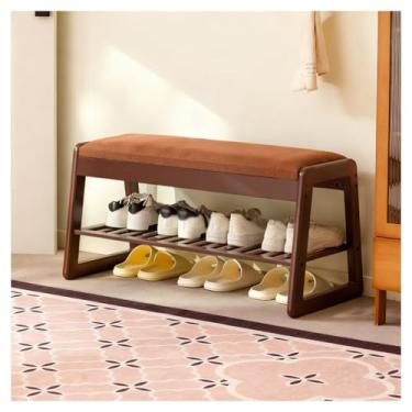 Imagem de SPXMQSS Banco de sapatos com almofada, sapateira de madeira de 2 níveis, armazenamento de armário de sapatos para entrada, armazenamento multifuncional para corredor, sala de estar, quarto, marrom 85