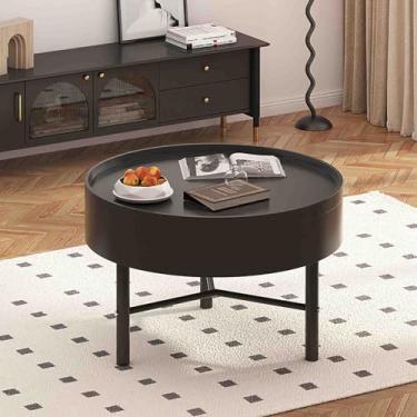 Imagem de Yadlan Mesa de centro redonda com compartimento de armazenamento oculto, mesa central redonda moderna com tampa giratória, mesa de café de madeira elegante mesa de jantar preta 60 x 60 x 43 cm (24 x