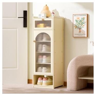 Imagem de SPXMQSS Sapateira vertical de bambu, sapateira estreita para entrada, prateleira independente com porta, armário de sapatos para entrada, corredor, quarto bege B 7 camadas 31 x 31 x 94 cm