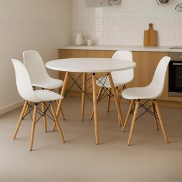 Imagem de Kit Completo Mesa Jantar Eiffel Mdf Redondo 75x70cm Tampo Branco Ou Preto Com 4 Cadeiras Charles Eames Eiffel Jt Home (BRANCO)