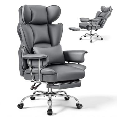 Imagem de ALLGOD Cadeira de escritório confortável, cadeira executiva de couro grande e alta, cadeira larga ergonômica de encosto alto com apoio para os pés, cadeira de mesa de computador reclinável, cadeira de