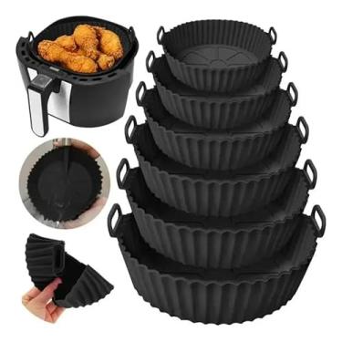 Imagem de Kit Com 6 Formas De Silicone Para Air Fryer Reutilizável Cesta Redonda Fritadeira Eletrica Universal Para Todos Os Modelos Antiaderente Com Alça Para Forno E Microondas