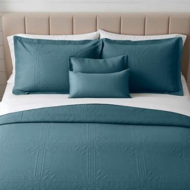 Imagem de Clara Clark Colchas King Size – Conjunto de colcha para todas as estações, conjunto de cama leve de trama Pinsonic – Conjunto de colcha King de 7 peças com fronhas, azul pedra – King Grid